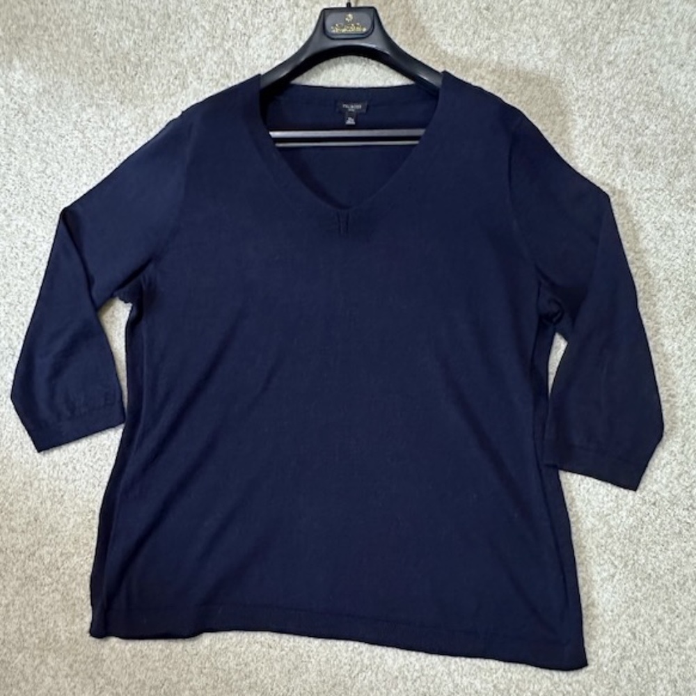 Talbots Lightweight Cotton Knit V-Neck 3/4 Sleeve Tunic Sweater Navy XLP EUC